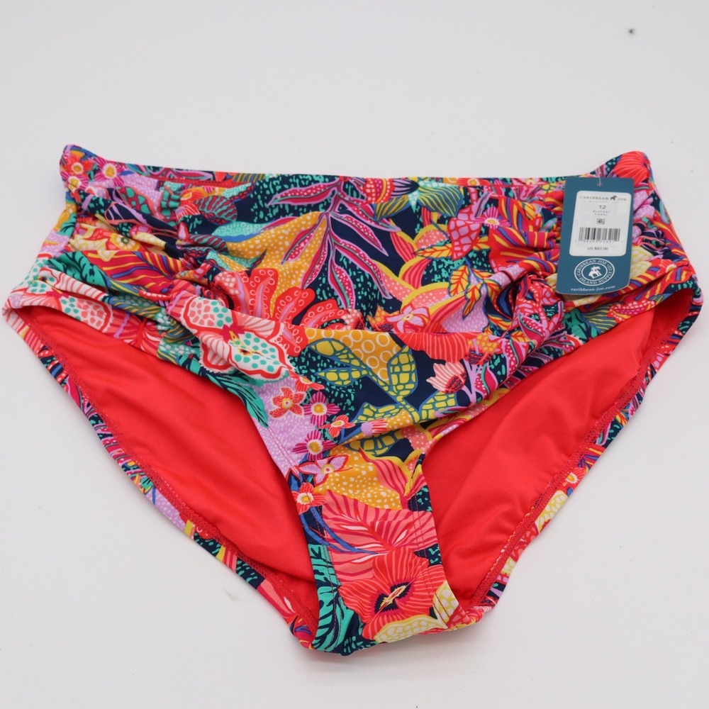 Caribbean Joe Bikini Bottom Womens 12 Coral Floral Ruched High Rise NEW